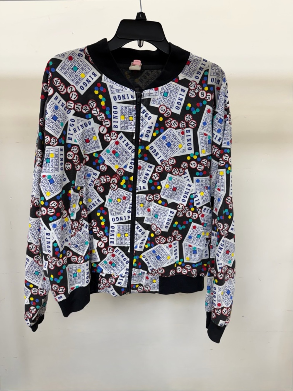 Bingo Print Zip-Up Bomber Jacket - Black Background